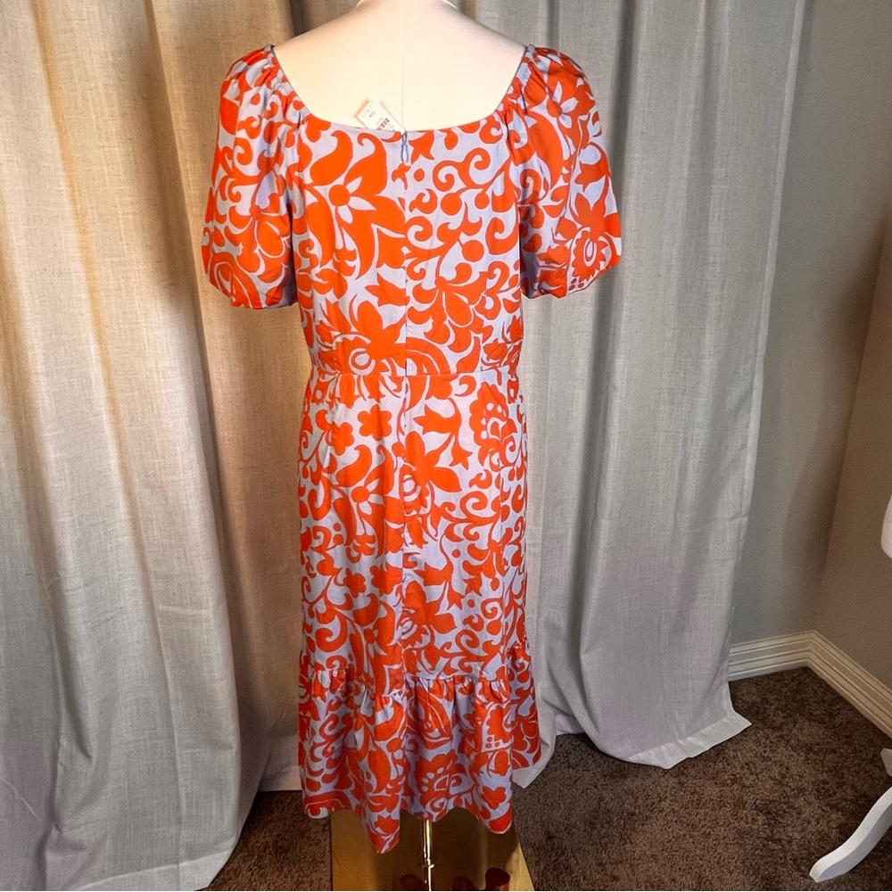 Talbots Summer Spring Orange and White Jacobean Puff Sleeve Midi Dress NWT - Picture 2 of 10